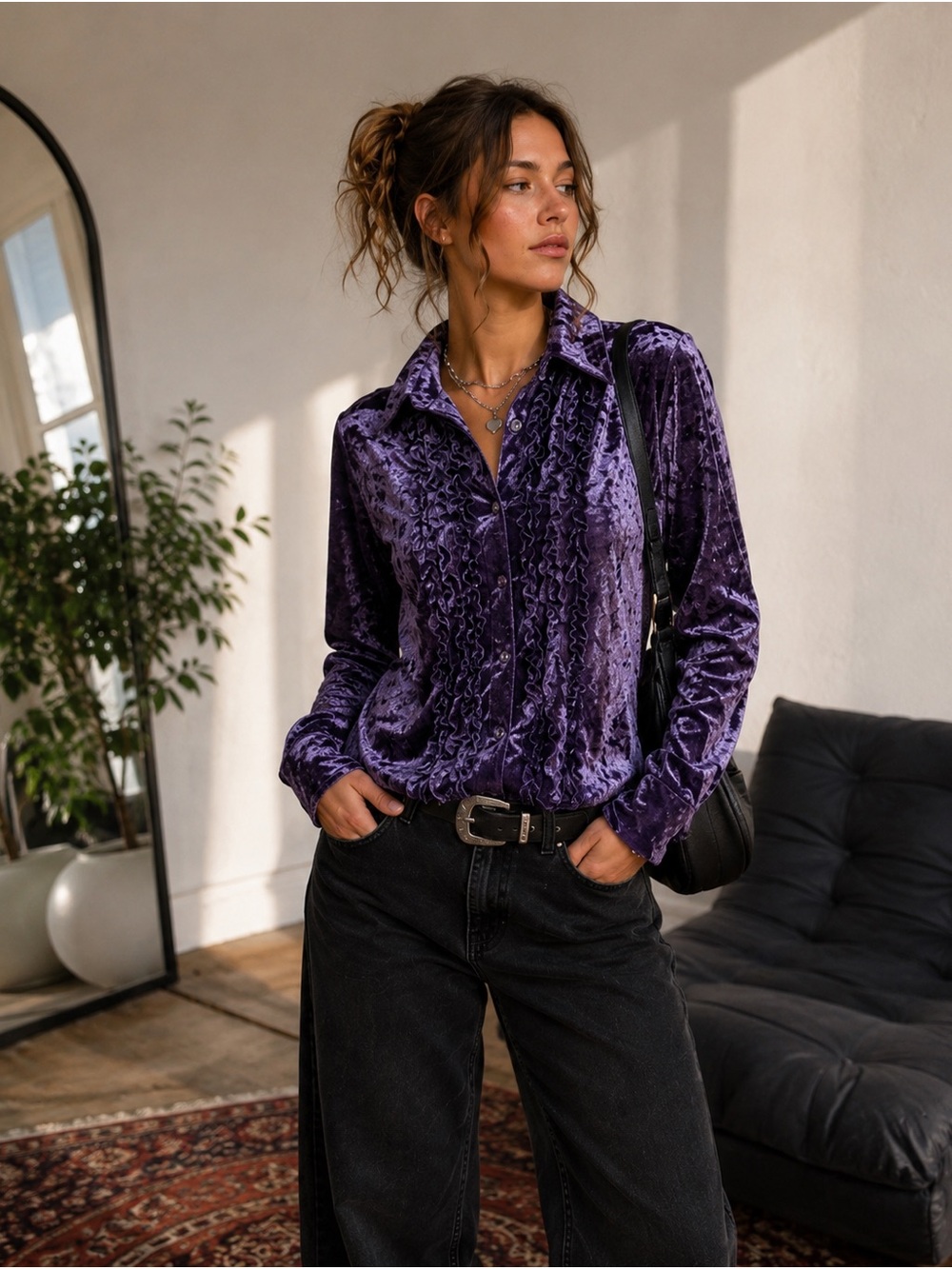 Purple Crushed Velvet Ruffle Button Front Blouse Size L Romantic Y2K Whimsygoth